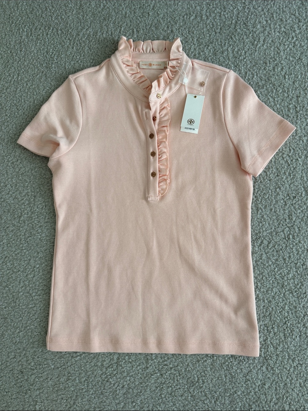 Tory Burch Deneuve polo ballet Light Pink Ruffle-Placket Short Sleeve Polo small